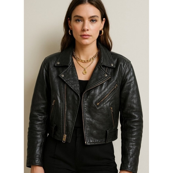 Rare Vintage Golden Bear Black Lapelled motor Leather Jacket 70’s-80’s Size M - Picture 1 of 15